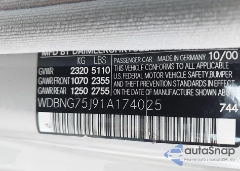 2001 Mercedes-Benz S 500 из США, поврежденный, VIN WDBNG75J91A174025